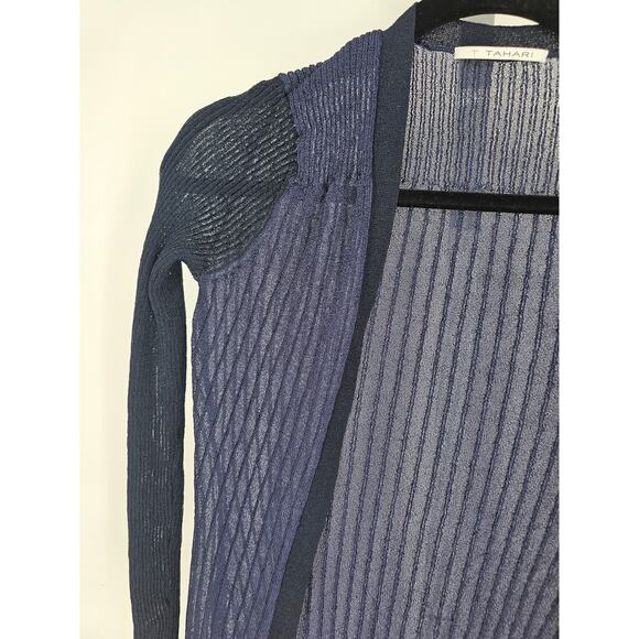 T Tahari Womens Sz S Open Front Cardigan Sweater Lightweight Blue Ribbed - Picture 2 of 4